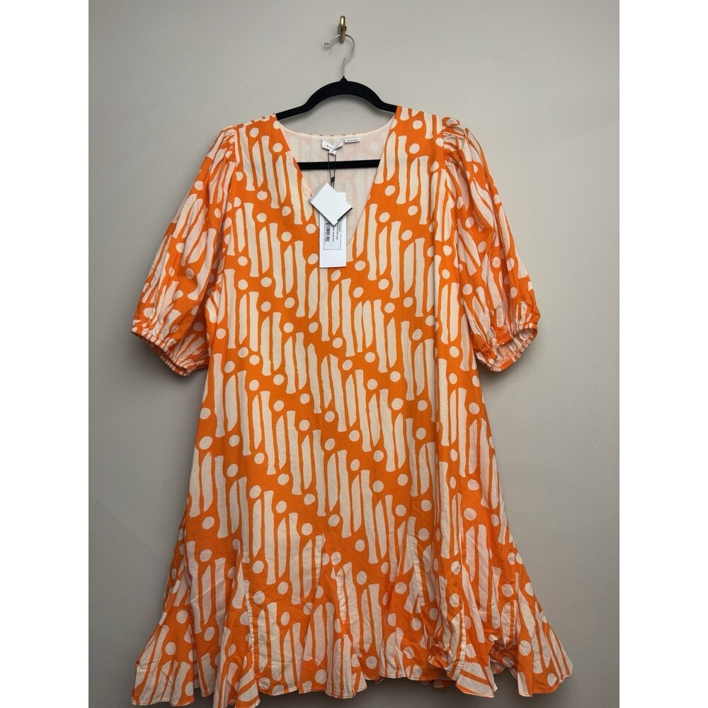 Rhode Womens Puff Sleeve Mini Dress Size Medium Orange Batik Saira 100% Cotton